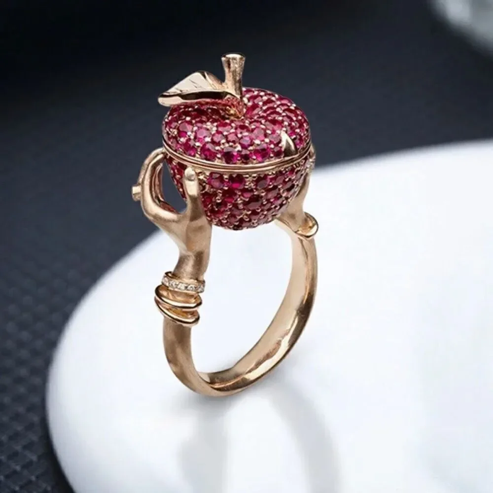 Pink Crystal Apple Poison Ring Womens Secret Compartment Statement Jewelry